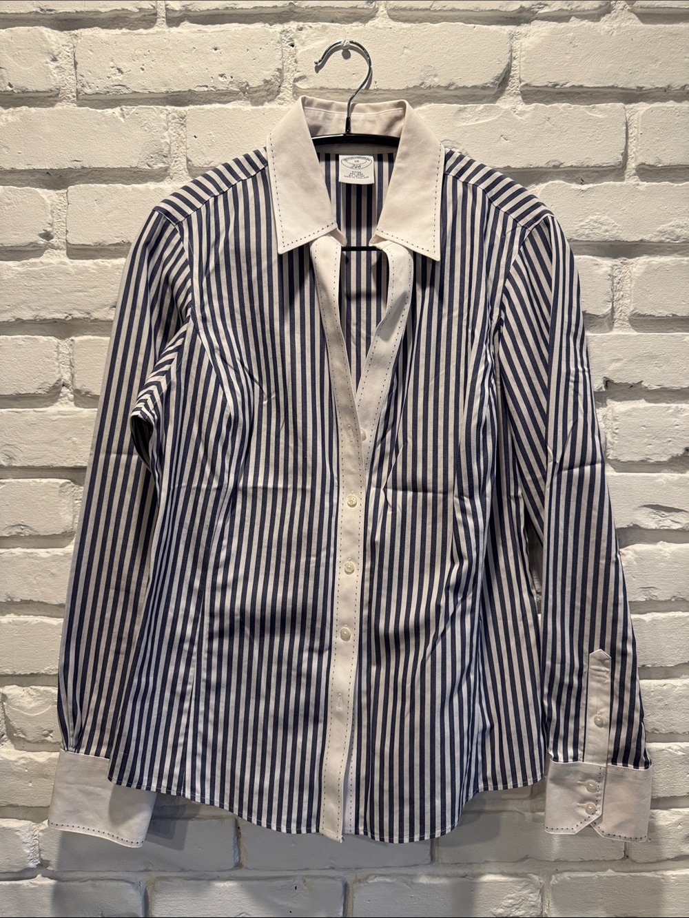 Brooks Brothers Navy and White Striped French Cuff Button-Down Shirt